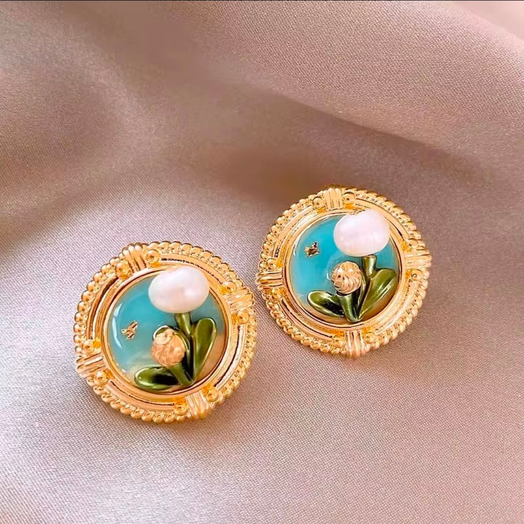 Celestia Floral Blue Enamel Stud