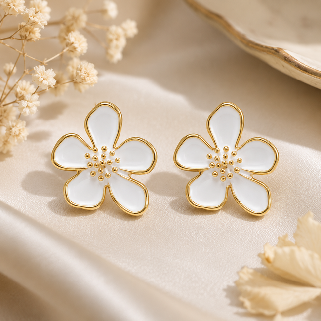 Bloom Grace- Floral Stud Earrings - White