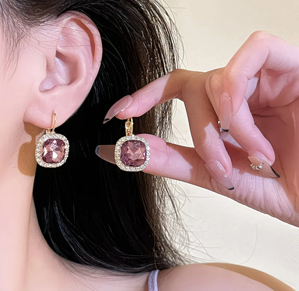 Pink Cushion Cut Crystal Drop Earrings