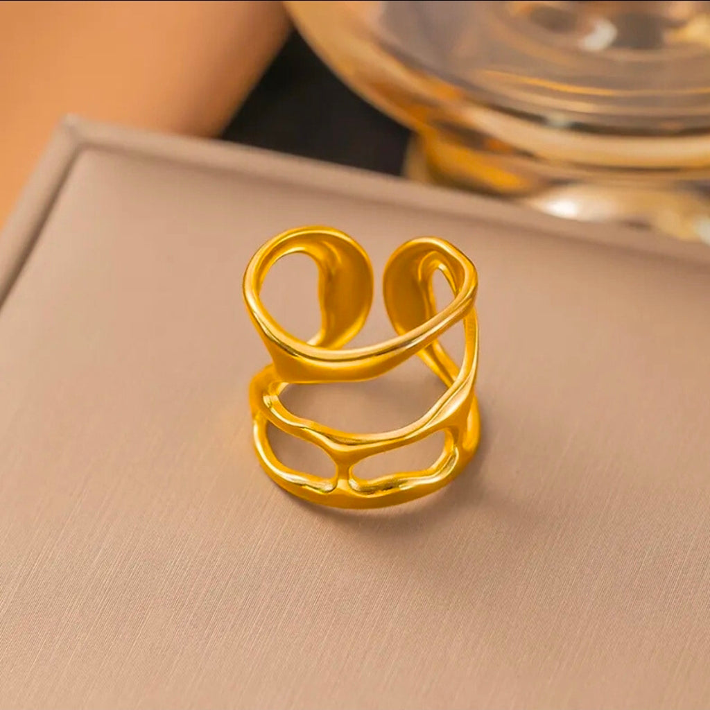 Golden Aura Abstract Wave Statement Ring