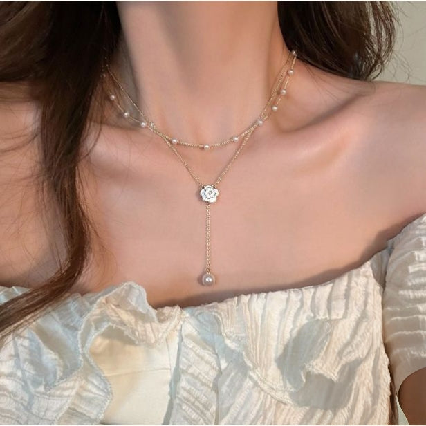 Layered Pearl & Camellia Drop Necklace