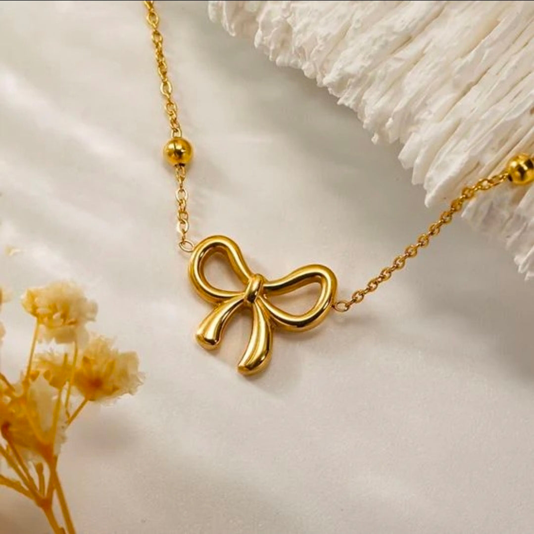 Golden Bow Bead Necklace