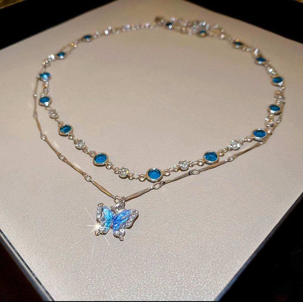 Aqua Butterfly & Blue Crystal Layered Necklace Set