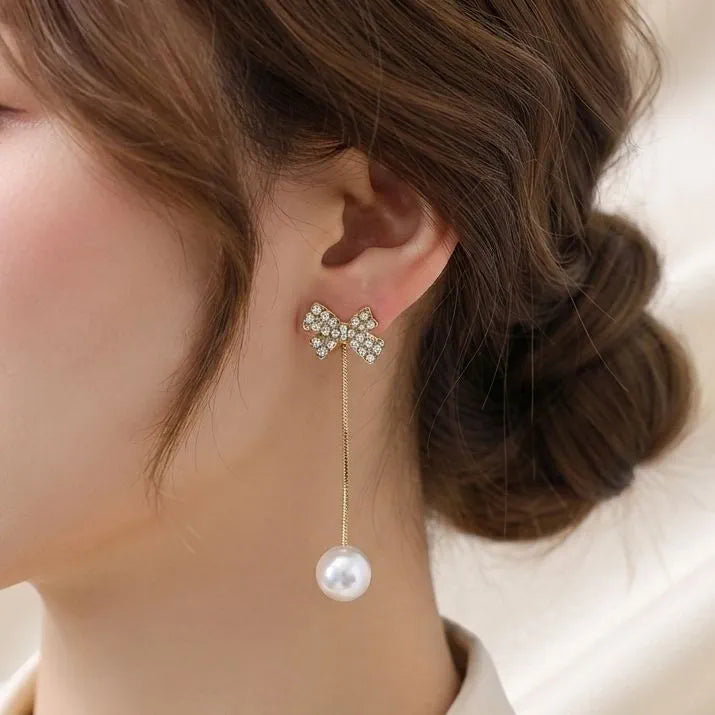 Crystal Bow Pearl Drop Earrings