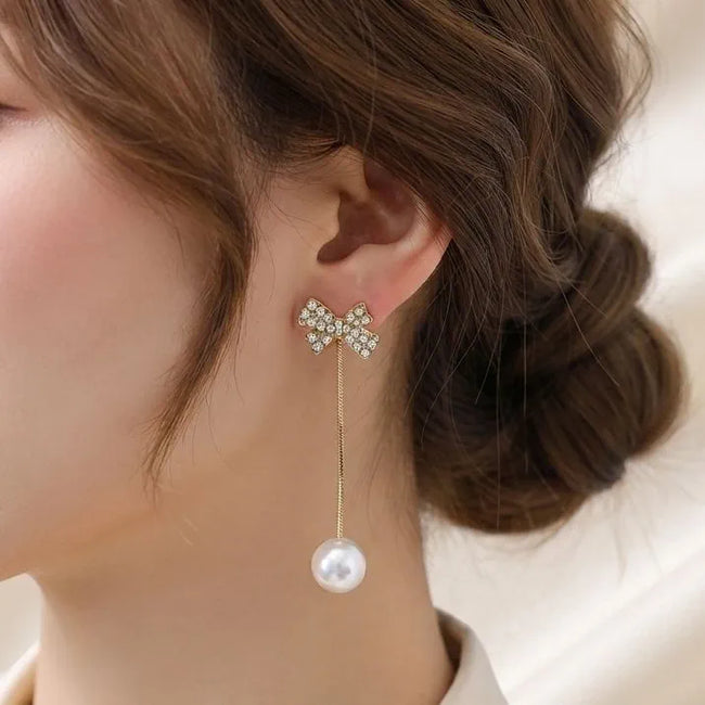 Crystal Bow Pearl Drop Earrings