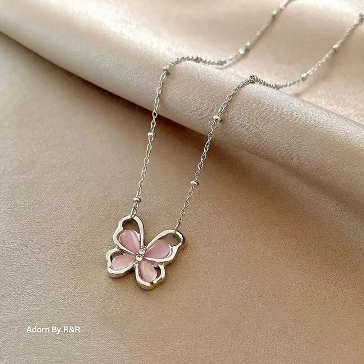Pink Cat's Eye Butterfly Necklace